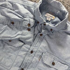 Carhartt Shirt Mens L Blue Chambray Relaxed Fit Button Up LS 5202 Cbl READ!!‎